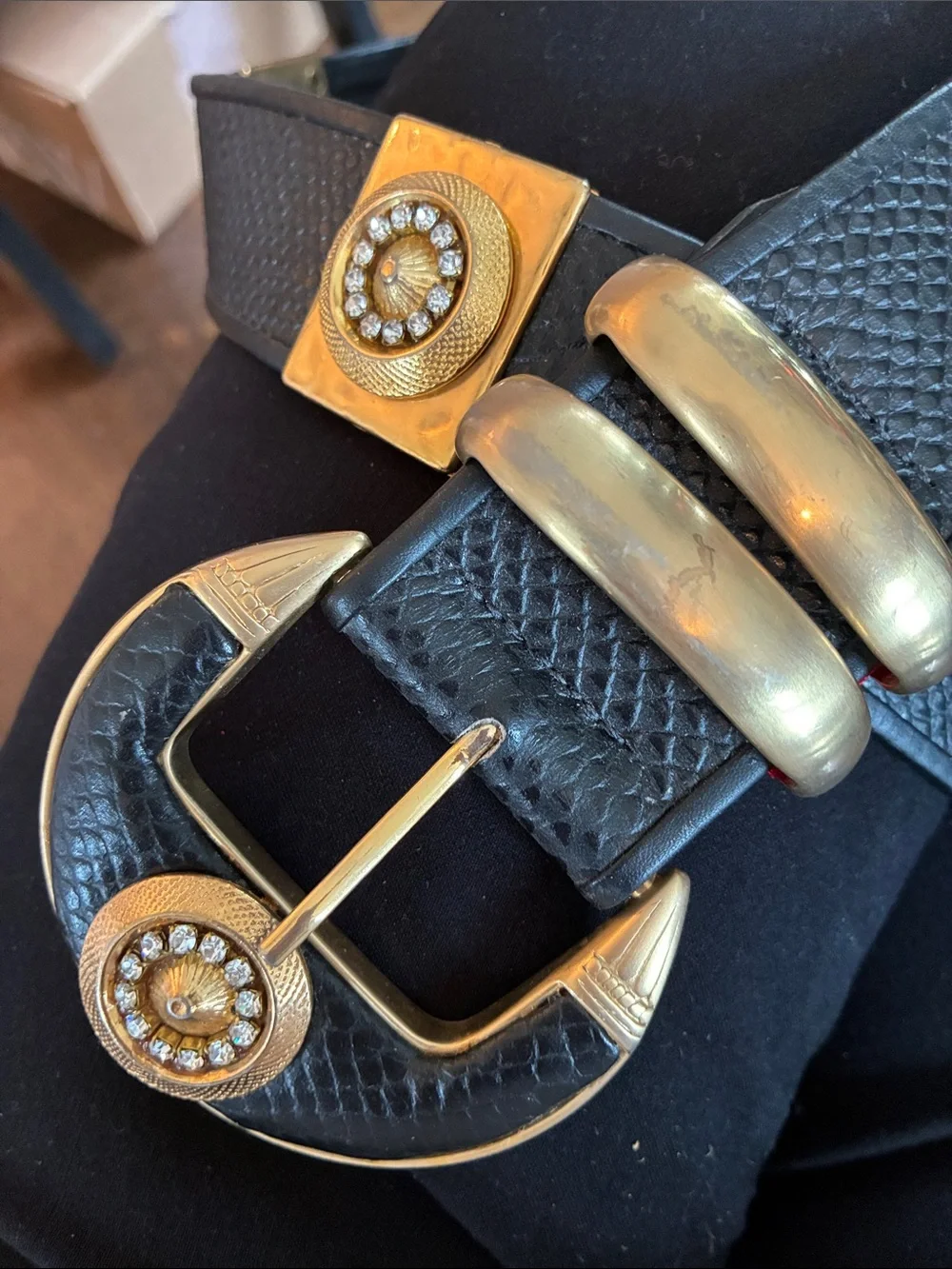 Vintage Black Leather Belt with Gold Tone Buckle and Rhinestone Accents
